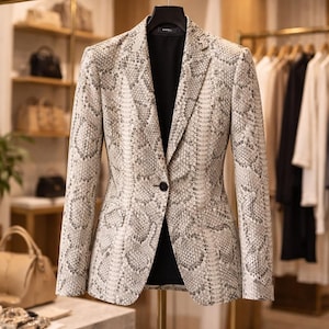 Könnte beinhalten: Ein Blazer mit Schlangenmuster in Grau- und Cremetönen hängt an einem schwarzen Kleiderbügel. Die Ein-Knopf-Jacke hat ein schwarzes Innenfutter und wird in einem Bekleidungsgeschäft präsentiert. Weitere Kleidungsstücke sind im Hintergrund zu sehen.