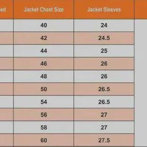 May include: A jacket size chart with measurements in inches. The chart includes chest size, jacket size, and sleeve length. An illustration shows how to measure chest circumference and sleeve length.
