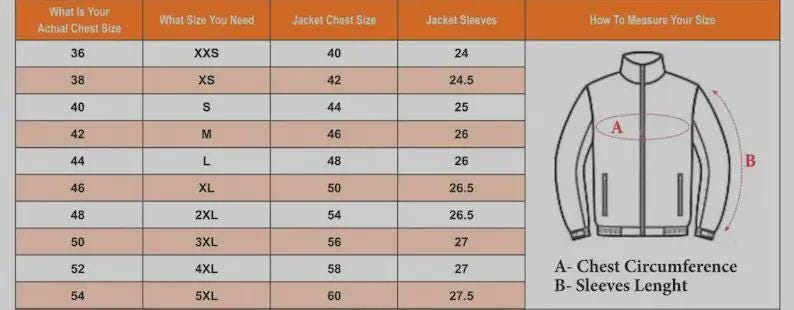 May include: A jacket size chart with measurements in inches. The chart includes chest size, jacket size, and sleeve length. An illustration shows how to measure chest circumference and sleeve length.