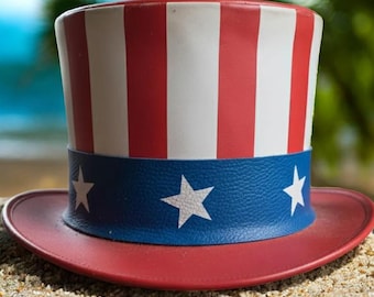 Handmade Leather American Flag Top Hat, Red White Blue Stars Patriotic Uncle Sam Hat