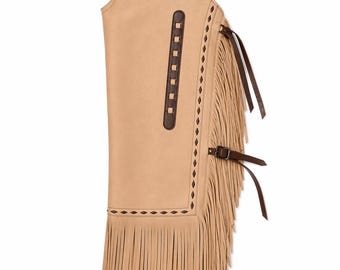 Polainas de cuero beige con flecos hechas a mano para motociclistas occidentales