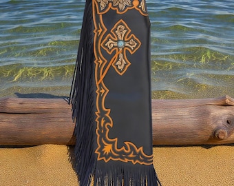 Black Leather Fringe Chaps with Cross Tooling Western Cowboy Motorcycle Wear