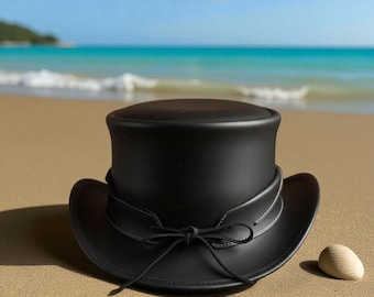 Black Leather Top Hat, Handmade Steampunk Festival Hat, Gothic Victorian Costume Accessory