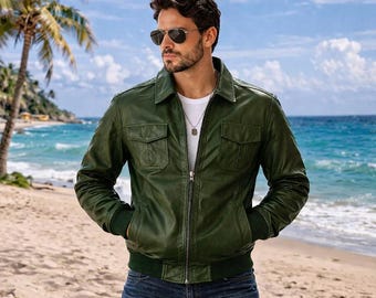 Men’s Green Leather Jacket Vintage Biker Style Slim Fit Zip Coat