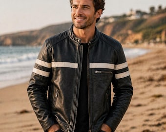Handmade Black Leather Cafe Racer Jacket with White Stripes Motorcycle Style
