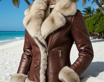 Women’s Brown Leather Jacket with Beige Faux Fur Collar & Cuffs Handmade Winter Coat