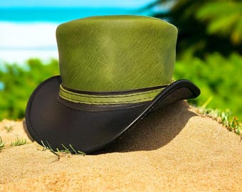 Handmade Green Leather Top Hat for Men & Women  – Vintage Steampunk Gentleman Hat