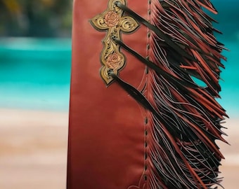 Chaparreras de cuero estilo western, chaparreras marrones con flecos para rodeo, diseño de cruz repujada, equipo vaquero hecho a mano