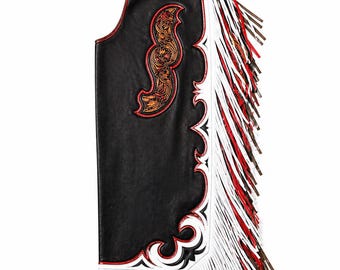 Handgefertigte schwarze Leder-Western-Chaps mit weiß roten Fransen im Cowboy-Stil
