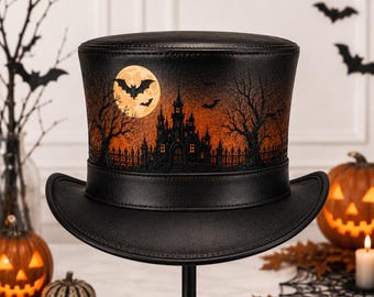 Handmade Black Leather Print Top Hat | Halloween Gothic Steampunk Costume Cap