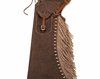 Handmade Western Leather Chaps with Fringe, Brown Cowboy Riding Gear