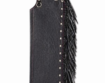 Handmade Black Leather Fringe Chaps Bag with Heart Design | Western Cowgirl Hip Pouch