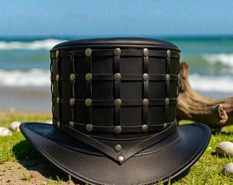 Handmade Black Leather Steampunk Top Hat with Woven Panel Rivet Design