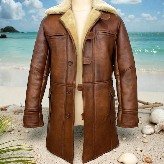 Men’s Brown Leather Winter Coat | Handmade Genuine Leather Long Aviator Jacket