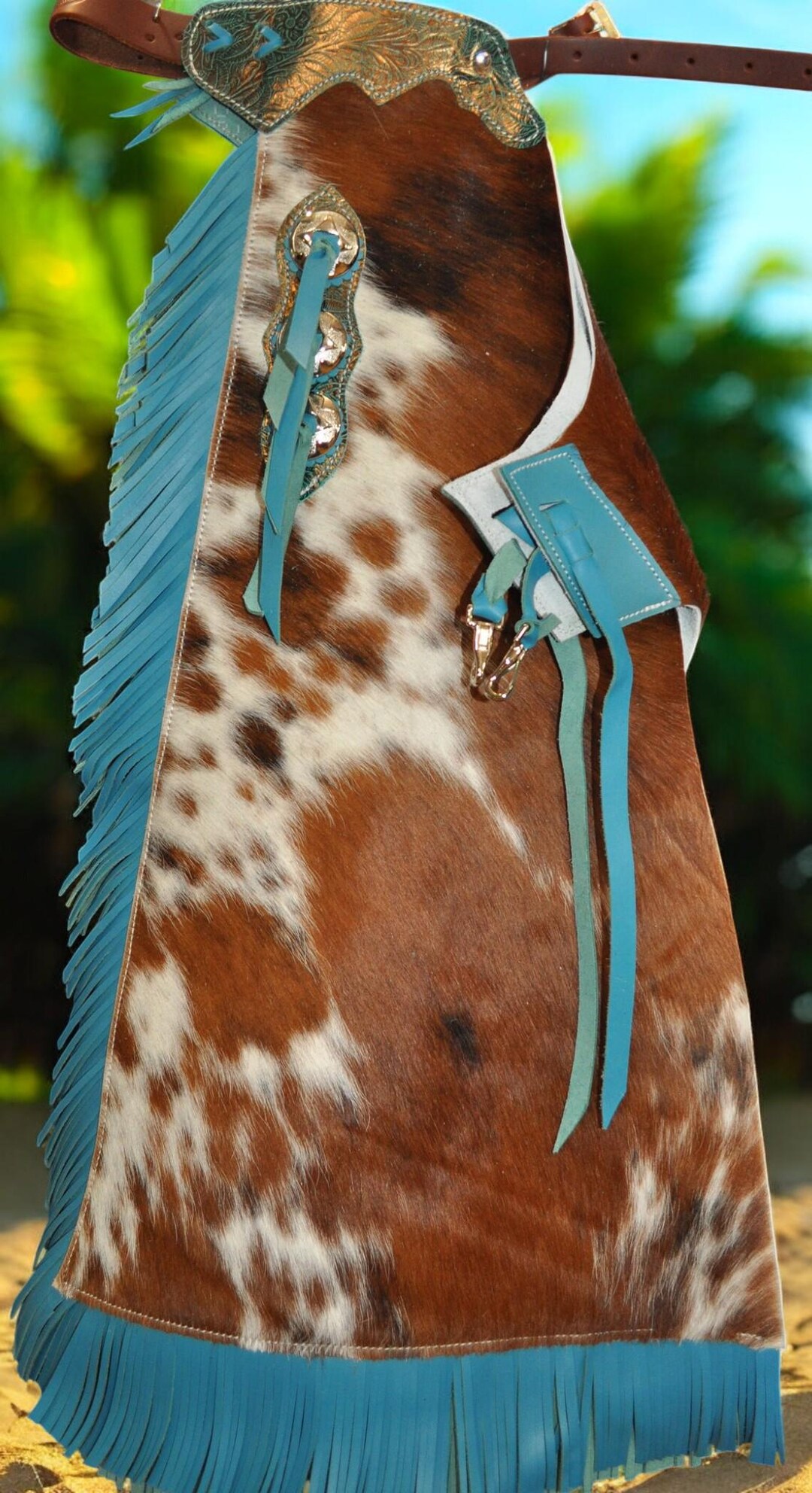Cowhide Rodeo Chaps Brown and White Cowhide Leather Chaps With Turquoise Fringe, Western ...