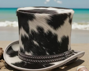 Handgemaakte rundleer zwart witte hoge hoed, western steampunk herenhoed
