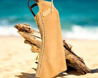 Tan Leather Chaps with Fringe, Handmade Western Cowboy Riding Gea