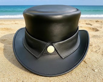 Handmade Black Leather Top Hat Steampunk Victorian Gothic Formal Costume Hat Mens Party
