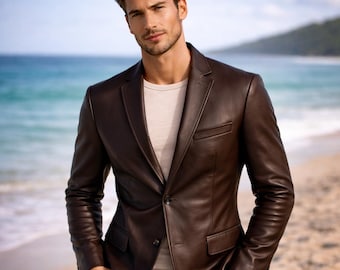 Handmade Brown Leather Blazer for Men, Classic Genuine Leather Coat, Formal Slim Fit Jacket