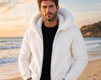 Weiße Kunstpelz-Kapuzenjacke für Herren, Winter Warme Reißverschlussoberbekleidung, lässige Modemantel