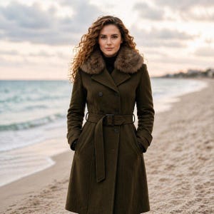 Könnte beinhalten: Ein olivgrüner, doppelreihiger Mantel mit einem Kunstfellkragen und einem passenden Gürtel. Der Mantel ist knielang und hat ein klassisches Design. Die Frau steht an einem Sandstrand mit dem Meer im Hintergrund.