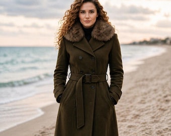 Long manteau olive en laine pour femme avec col en fausse fourrure, pardessus d'hiver avec ceinture