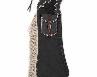 Polainas de cuero negro para motocicleta hechas a mano con flecos, estilo western.