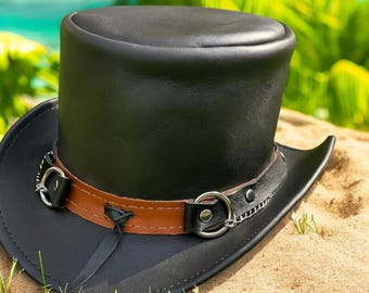 Handmade Black Leather Top Hat with Brown Band Steampunk Gothic Style
