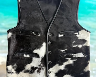 Men's Cowhide Leather Western Vest, Black & White Hair-on-hide