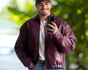 Handmade Burgundy Leather Bomber Jacket Mens Casual Streetwear Winter Outerwear Zip Front Classic Style