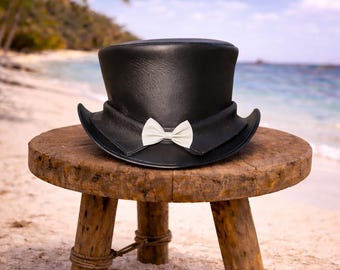Handmade Black Leather Top Hat with White Bow | Vintage Formal Gothic Steampunk Hat