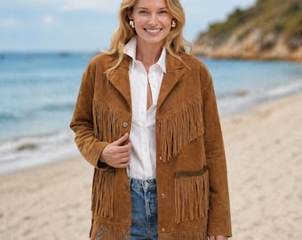 Handmade Tan Suede Fringe Jacket for Women, Western Boho Cowgirl Coat