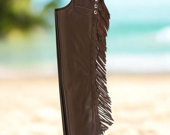 Handmade Brown Leather Fringe Chaps Western Cowboy Riding Gear for Men
