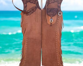 Handmade Brown Leather Fringe Chaps, Western Cowboy Rodeo Riding Gear
