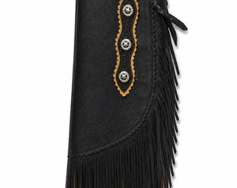 Handmade Black Leather Cowboy Chaps, Western Fringe Style, Tooled Trim, Rodeo Gear