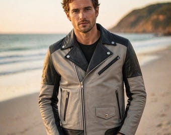 Chaqueta de motociclista de cuero gris y negro hecha a mano, bicolor, para hombre.
