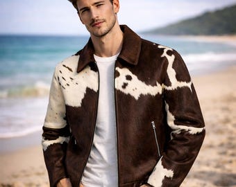 Handgefertigte Rindsleder Lederjacke, braun weißes Haar auf Fell Mantel, Western Bomber Style
