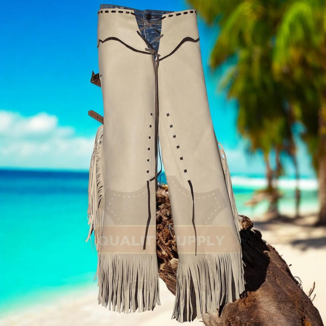 Handmade Cream Leather Rodeo Chaps With Fringes Western Cowboy Riding ...