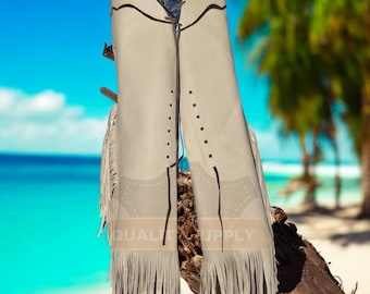 Handmade Cream Leather Rodeo Chaps with Fringes Western Cowboy Riding Gear