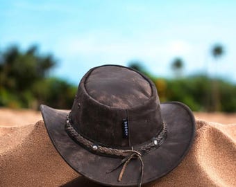 Handmade Distressed Brown Leather Outback Hat, Western Cowboy Beach Style