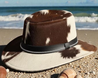 Handmade Cowhide Leather Hat, Brown White Western Style, Outback Cowboy Hat