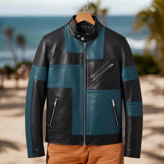 Men’s Genuine Leather Jacket – Black & Teal Patchwork Biker Jacket, Handmade