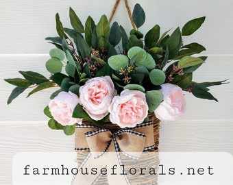 Beautiful Light Pink Peony / Eucalyptus Front Door Hanger Basket