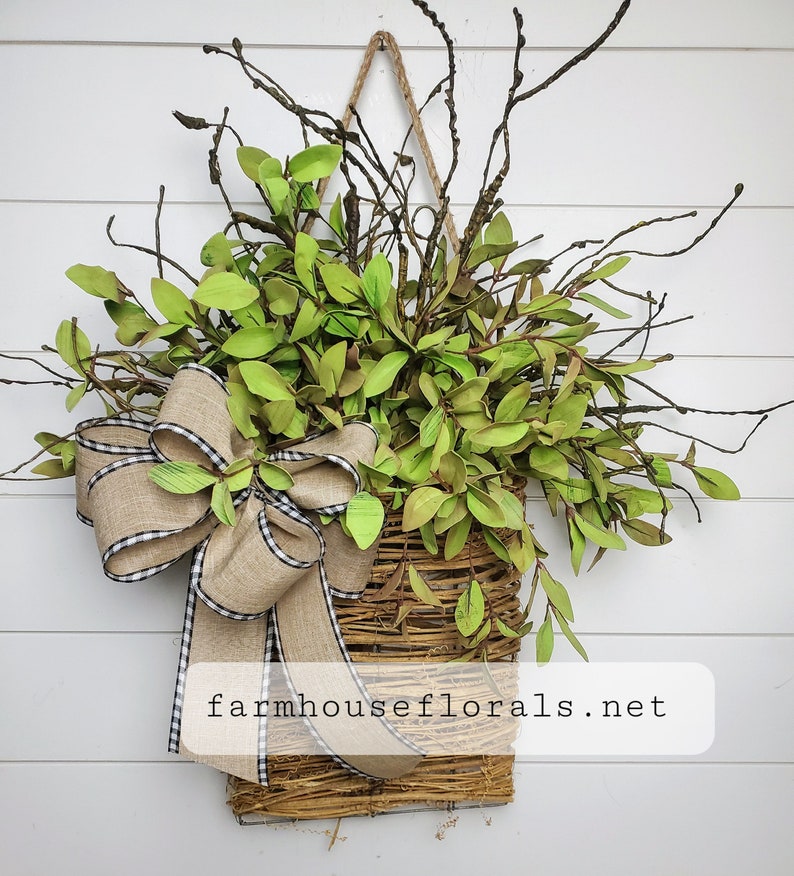 Tea Leaf Greenery Door Hanger Basket Gingham / Burlap