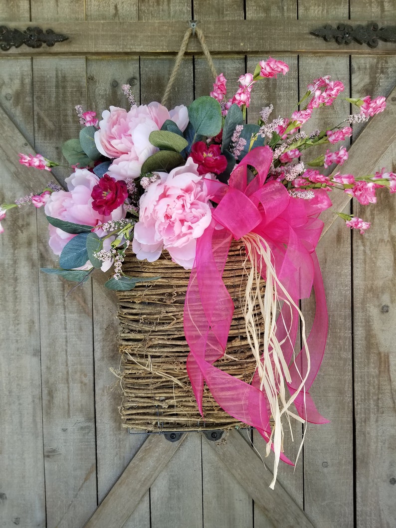 Pink Peony Door Hanger Basket