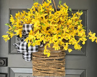 Forsythia Door Basket, Yellow Wreath, Summer Basket, Front Door Basket, Forsythia door Basket, Yellow door Decor,  Spring Wreath