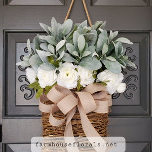 Beautiful White Ranunculus \  Lambs Ear Door Hanger Basket