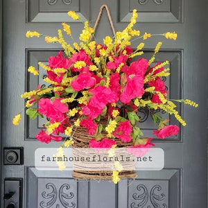 Beautiful Cerise Azalea Bush Front Door Basket, Pink Door basket, Front Door Decor, Azalea Home Decor