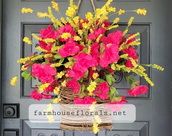 Beautiful Cerise Azalea Bush Front Door Basket, Pink Door basket, Front Door Decor, Azalea Home Decor