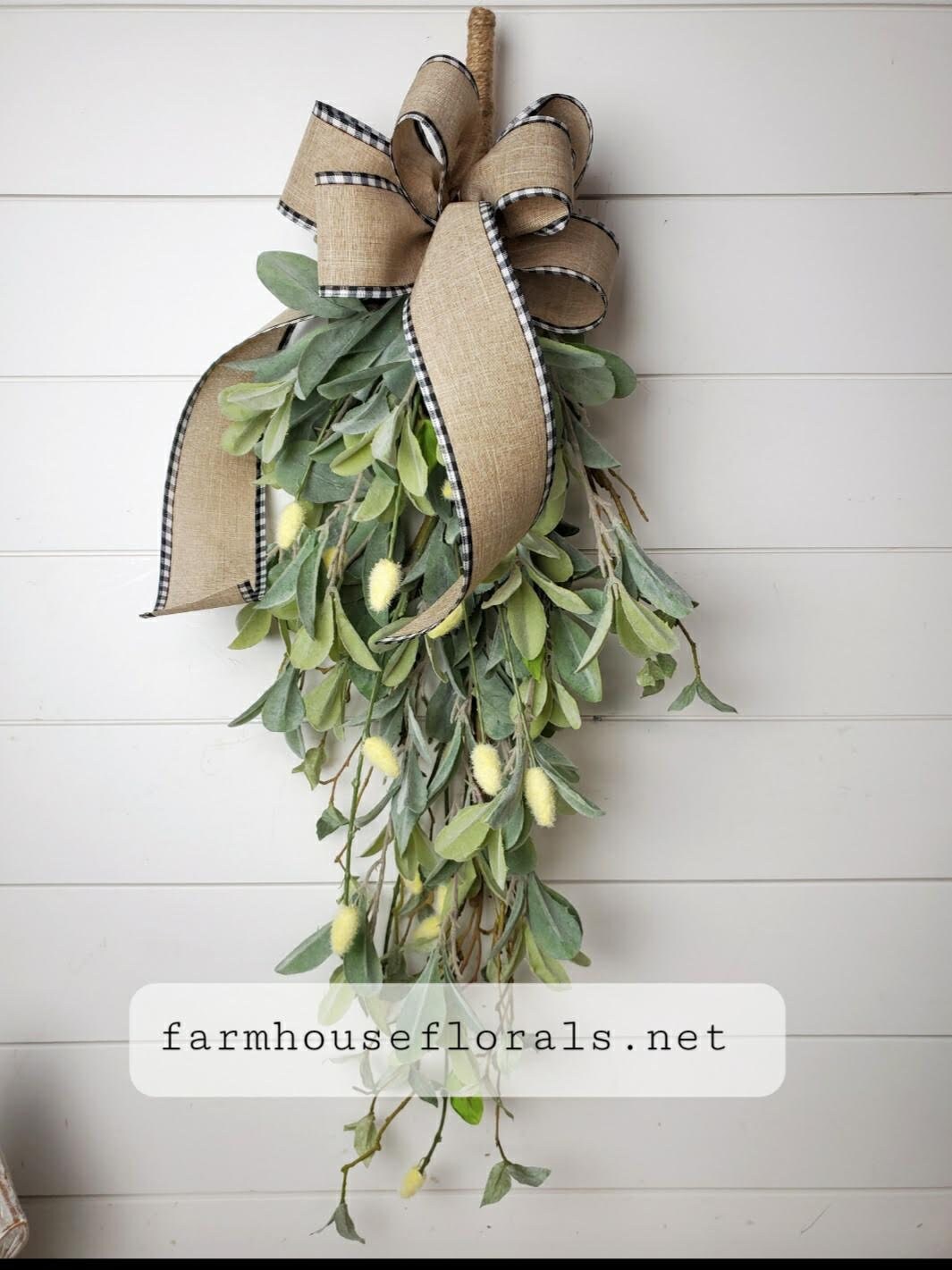Lambs Ear Farmhouse Teardrop Swag Wreath for Front Door, Wall, Spring…